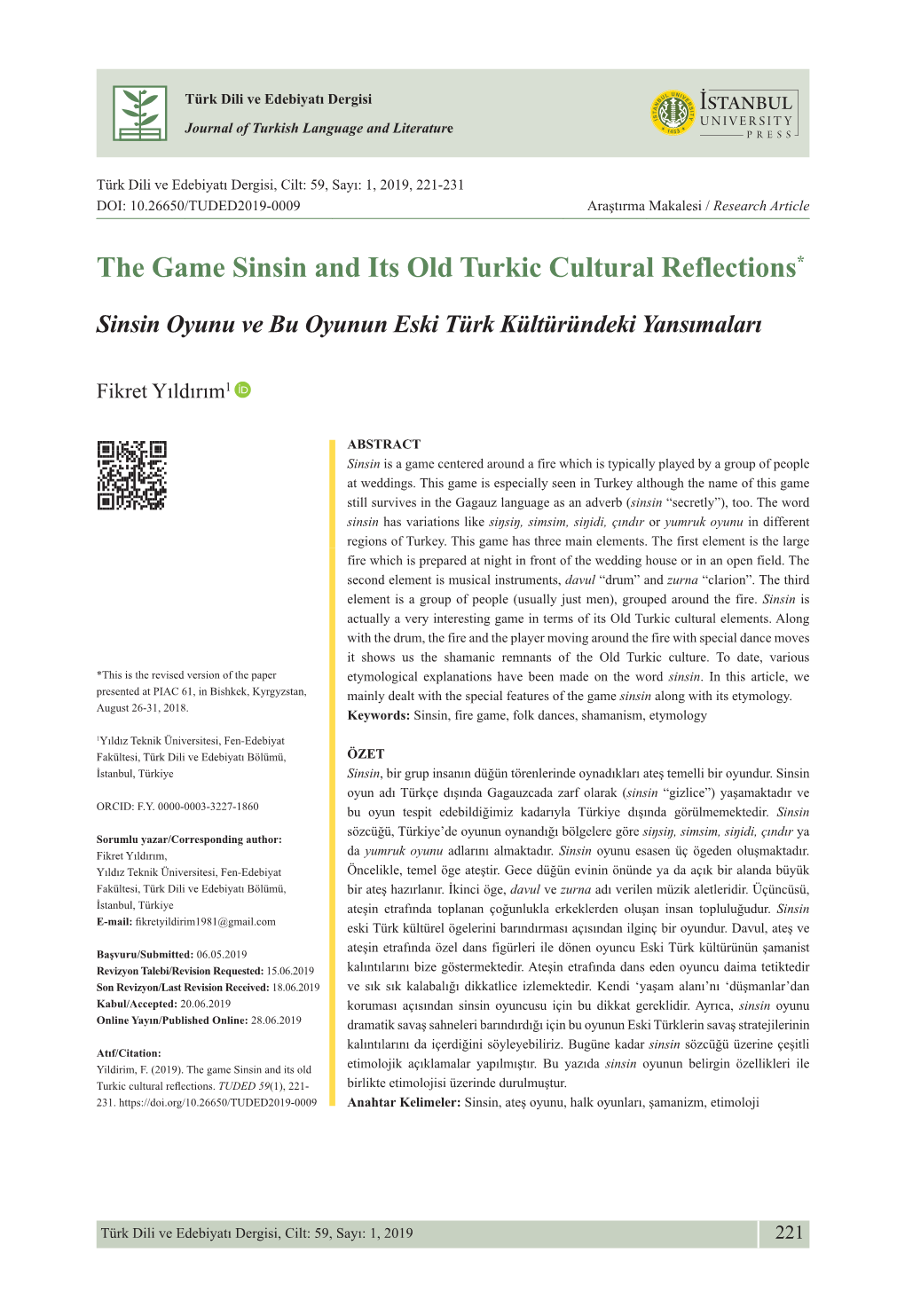 The Game Sinsin and Its Old Turkic Cultural Reflections*