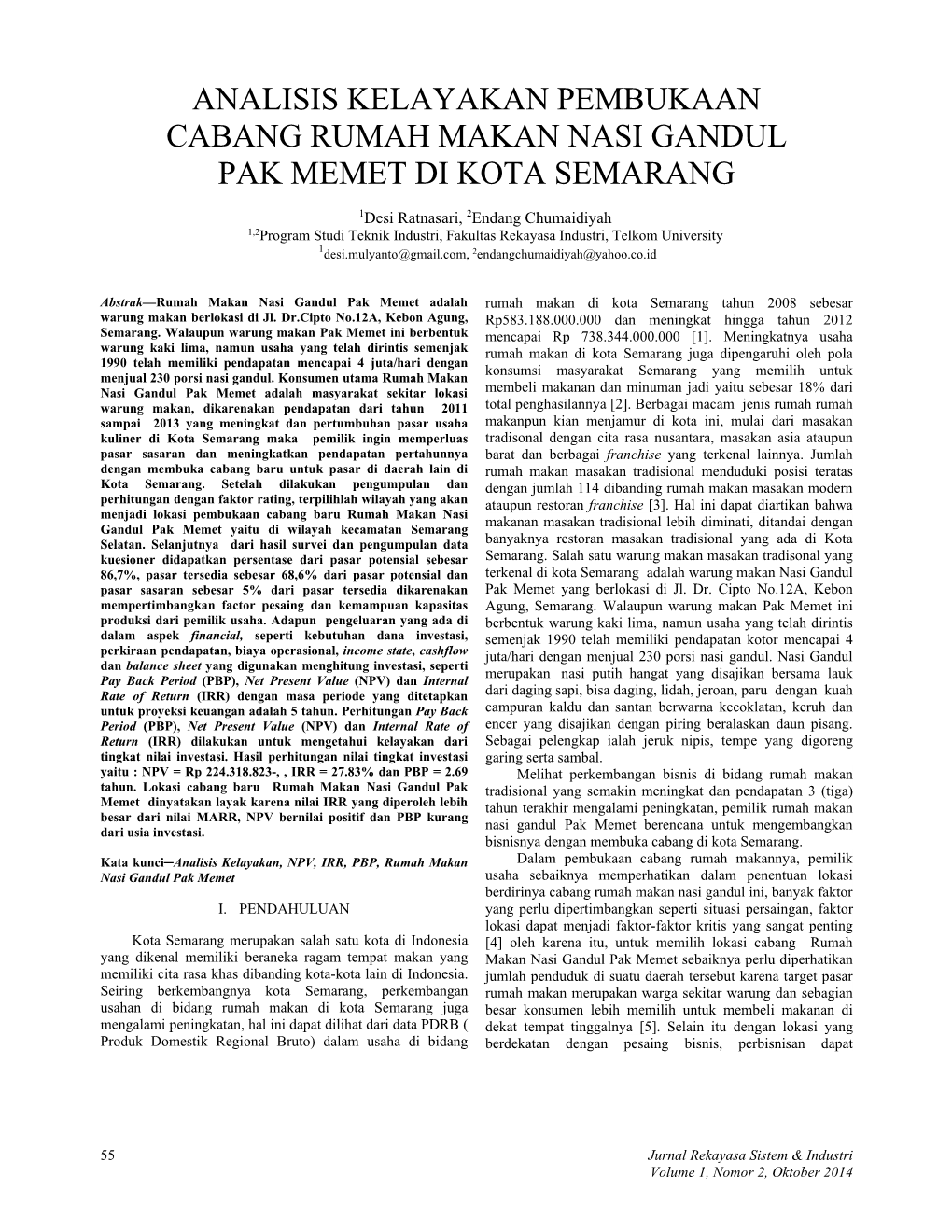 Analisis Kelayakan Pembukaan Cabang Rumah Makan Nasi Gandul Pak Memet Di Kota Semarang