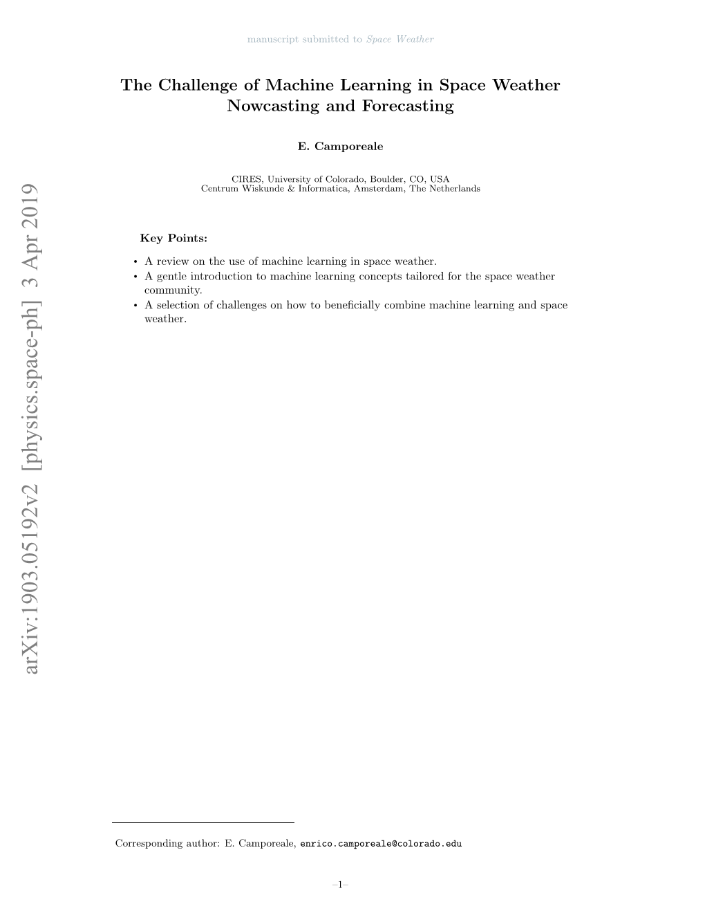 Arxiv:1903.05192V2 [Physics.Space-Ph] 3 Apr 2019 Orsodn Uhr .Camporeale, E