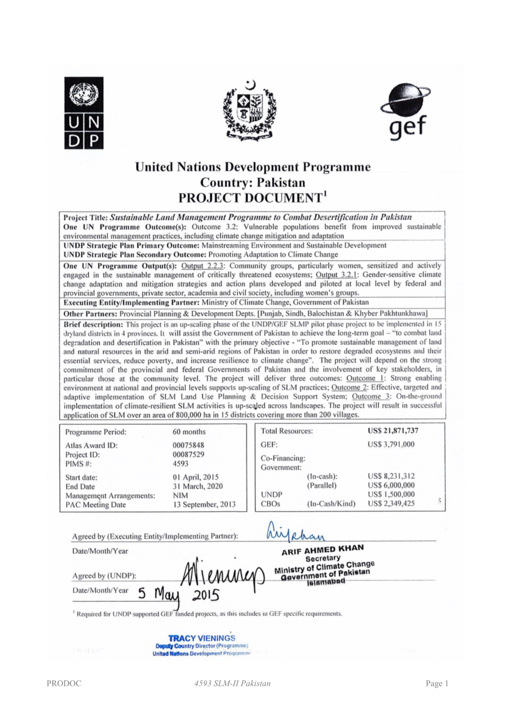 PRODOC 4593 SLM-II Pakistan Page 1 Table of Contents