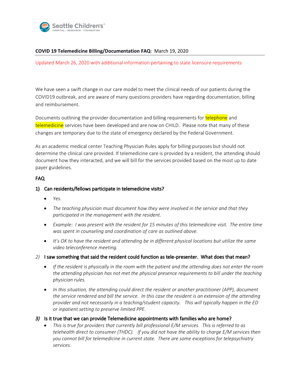 COVID 19 Telemedicine Billing/Documentation FAQ: March 19, 2020