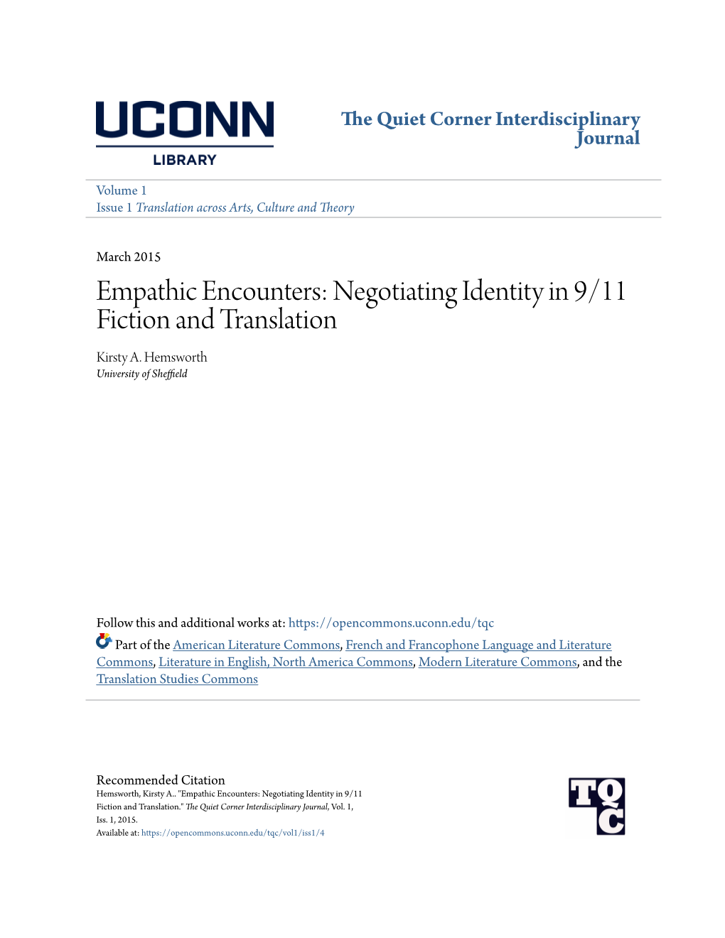 Empathic Encounters: Negotiating Identity in 9/11 Fiction and Translation Kirsty A