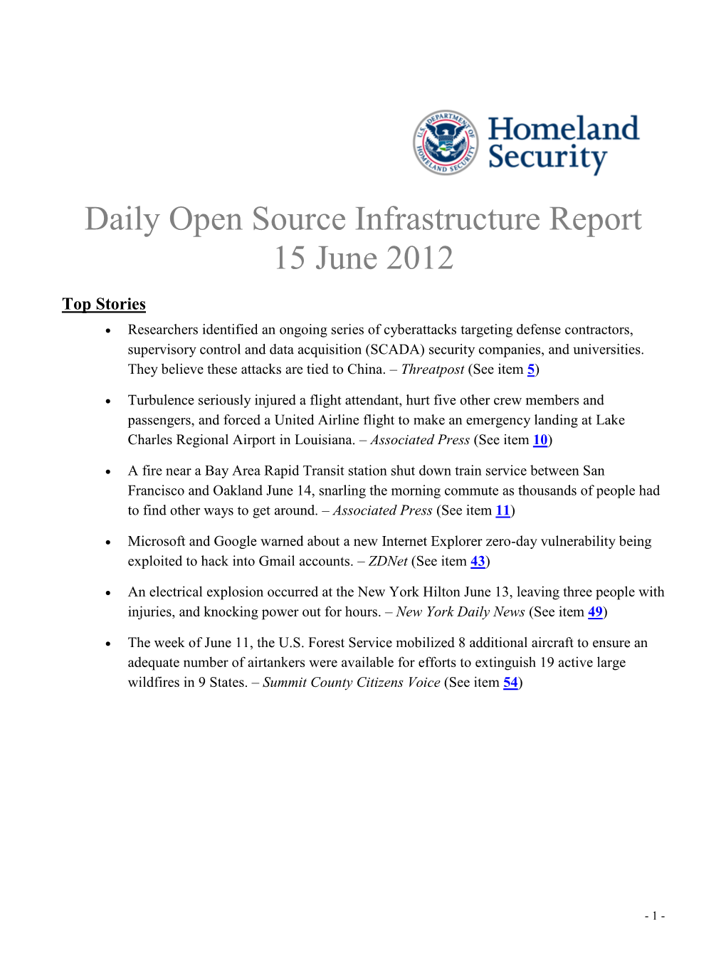 Department of Homeland Security Daily Open Source Infrastructure