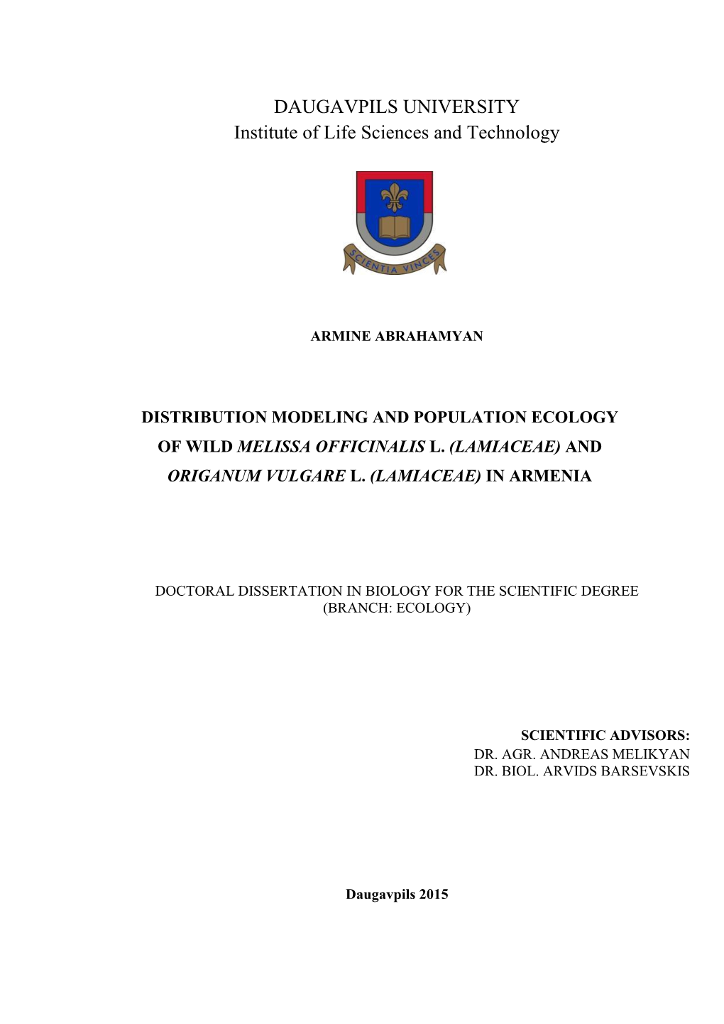 Armine Abrahamyan Distribution Modeling and Population Ecology Of