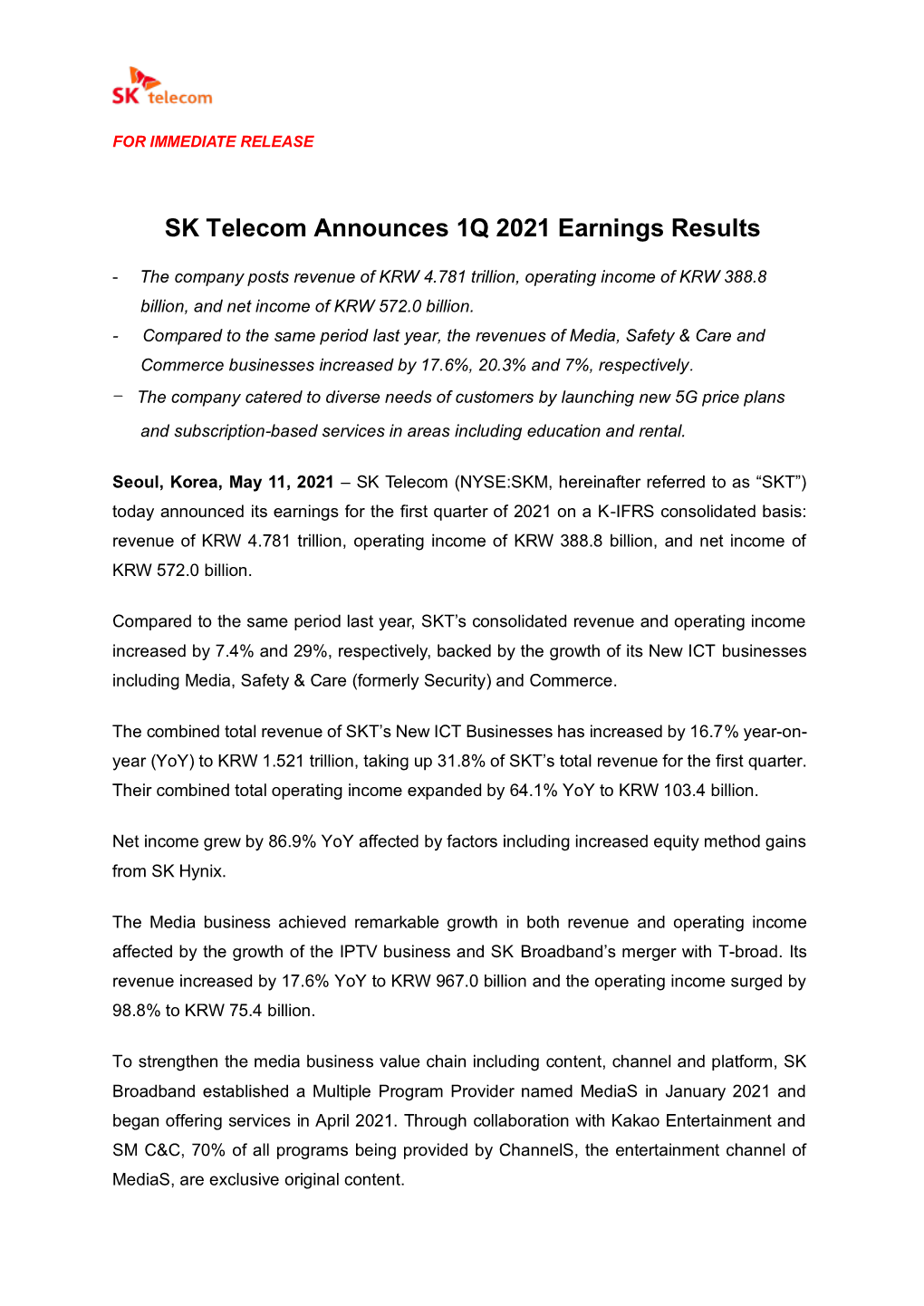 SK Telecom Announces 1Q 2021 Earnings Results