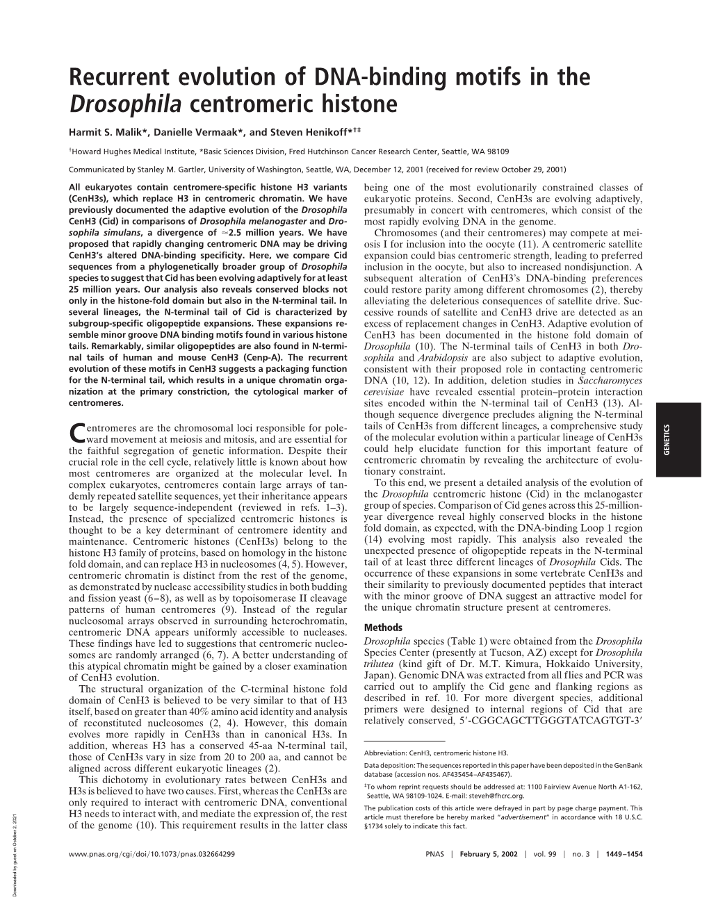 Recurrent Evolution of DNA-Binding Motifs in the Drosophila Centromeric Histone