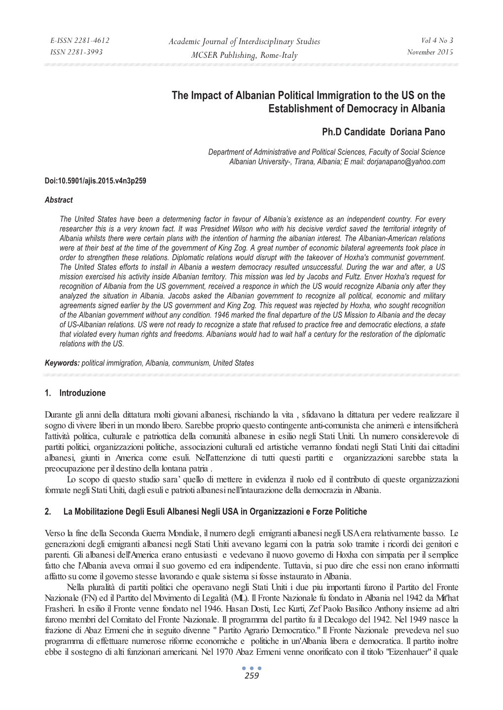 The Impact of Albanian Political Immigration to the US on the Establishment of Democracy in Albania