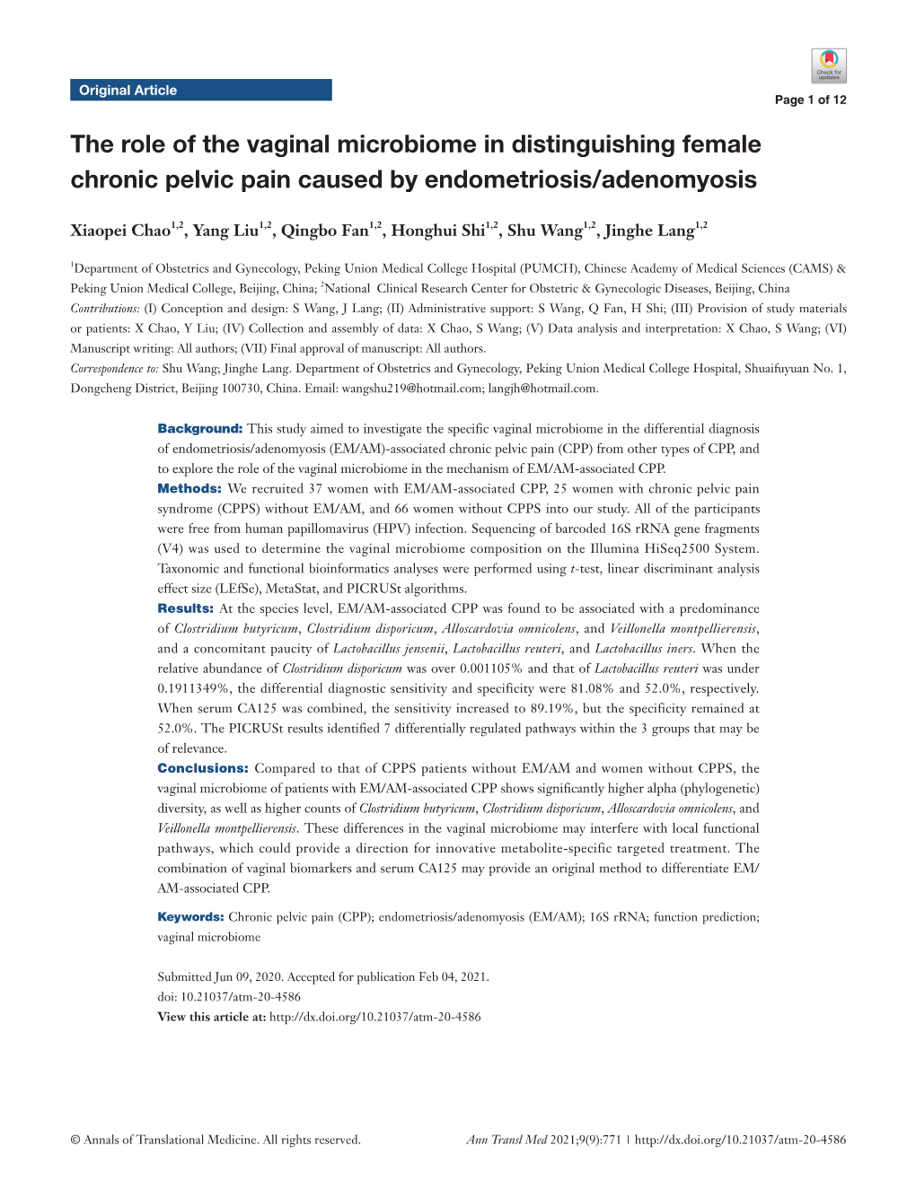 The Role of the Vaginal Microbiome in Distinguishing Female Chronic Pelvic Pain Caused by Endometriosis/Adenomyosis