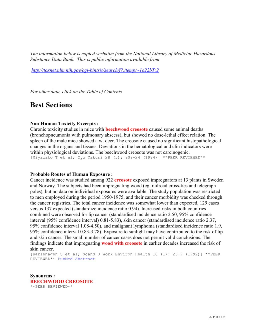 Creosote Hazardous Substances Database Info