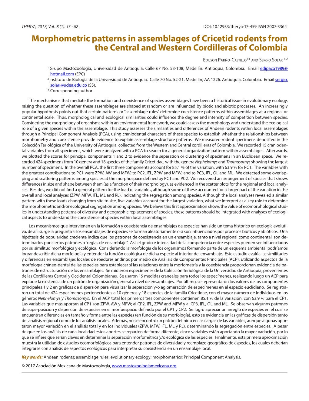 Morphometric Patterns in Assemblages of Cricetid Rodents from the Central and Western Cordilleras of Colombia