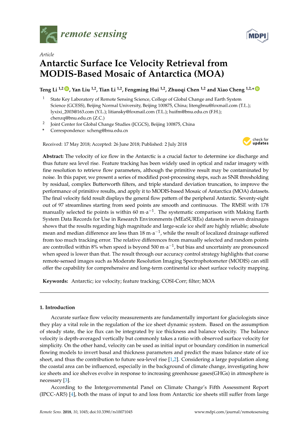 Antarctic Surface Ice Velocity Retrieval from MODIS-Based Mosaic of Antarctica (MOA)