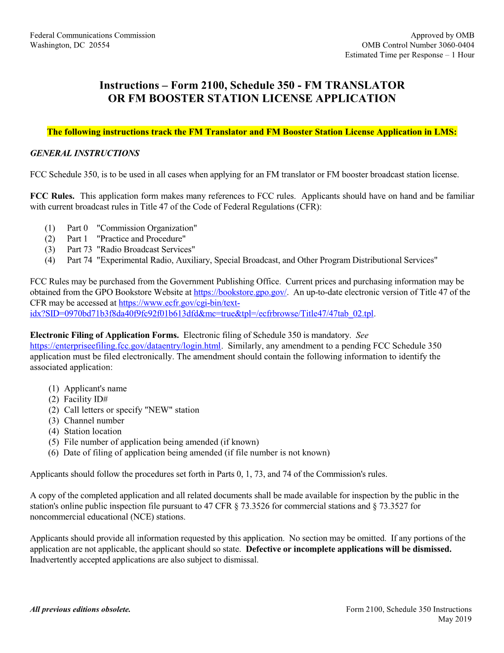 Instructions – Form 2100, Schedule 350 - FM TRANSLATOR OR FM BOOSTER STATION LICENSE APPLICATION