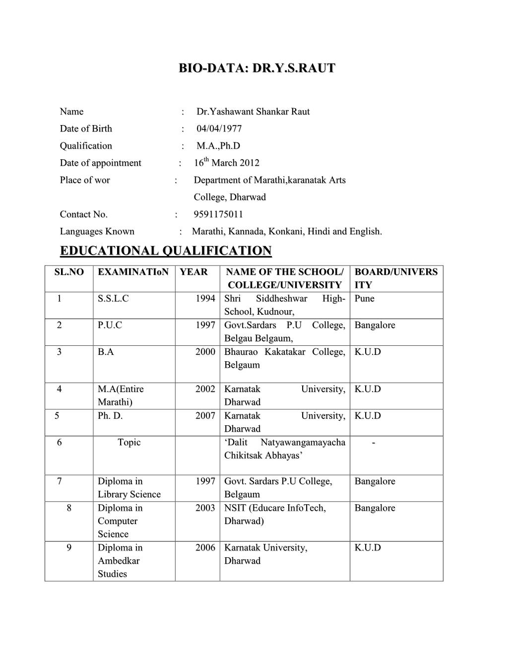 Bio-Data: Dr.Y.S.Raut