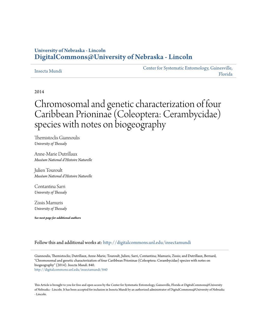 Chromosomal and Genetic Characterization of Four Caribbean Prioninae (Coleoptera: Cerambycidae) Species with Notes on Biogeograp