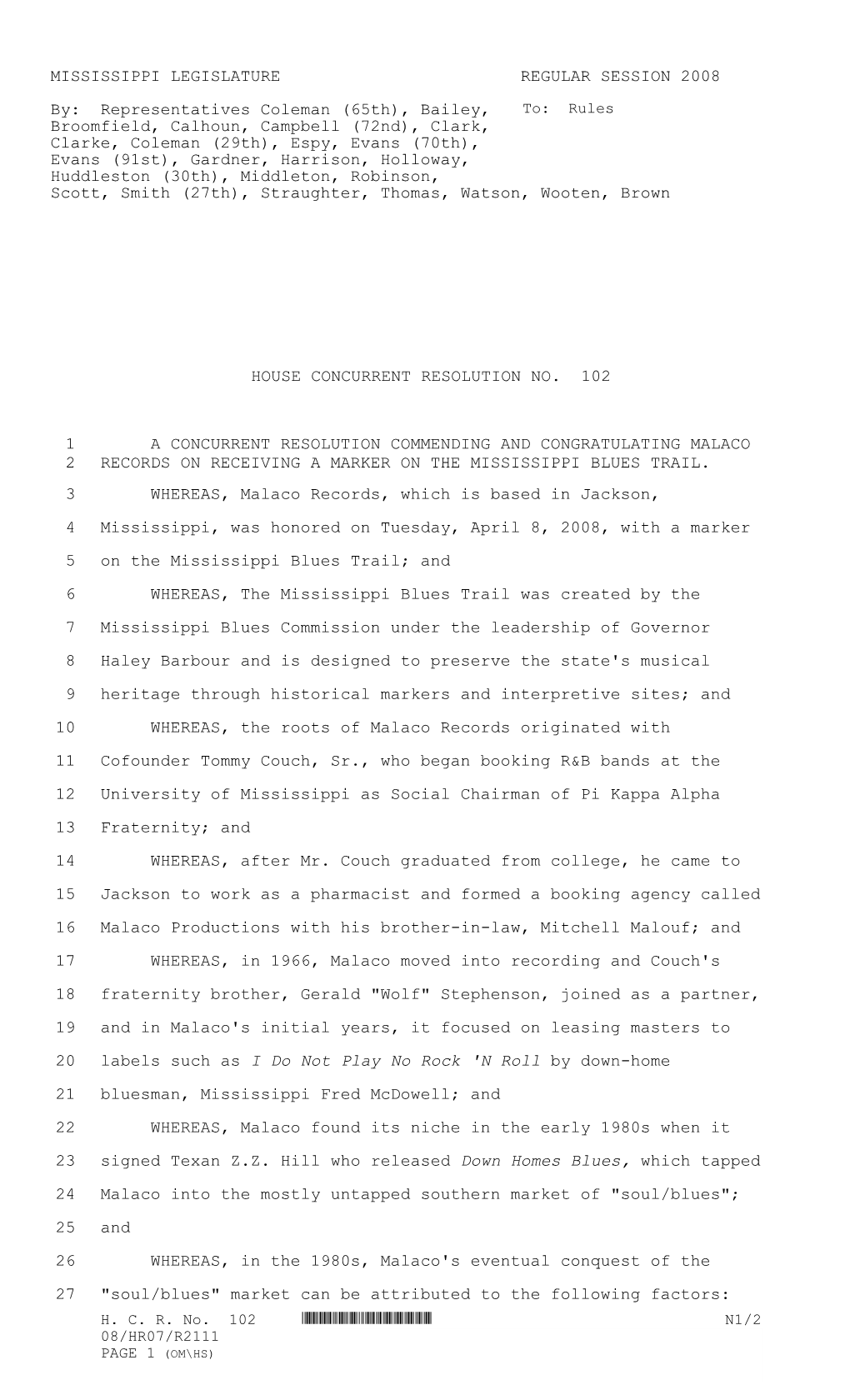 MISSISSIPPI LEGISLATURE REGULAR SESSION 2008 By