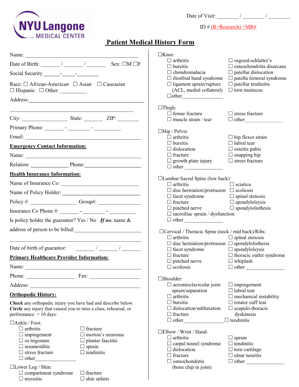 Patient Medical History Form