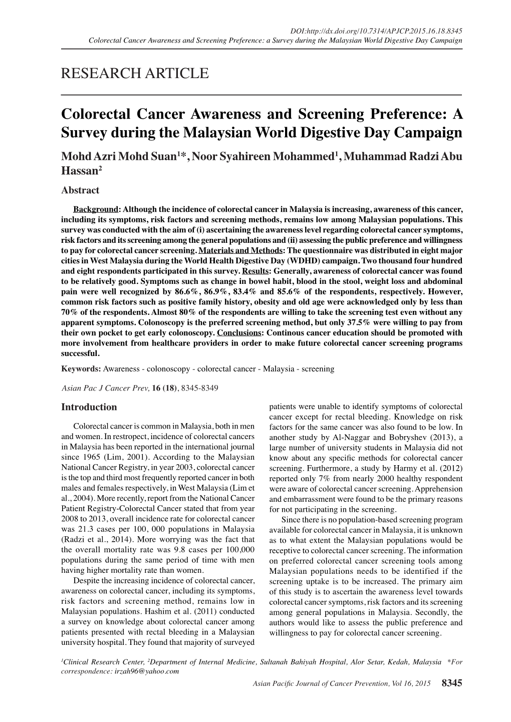 RESEARCH ARTICLE Colorectal Cancer Awareness and Screening