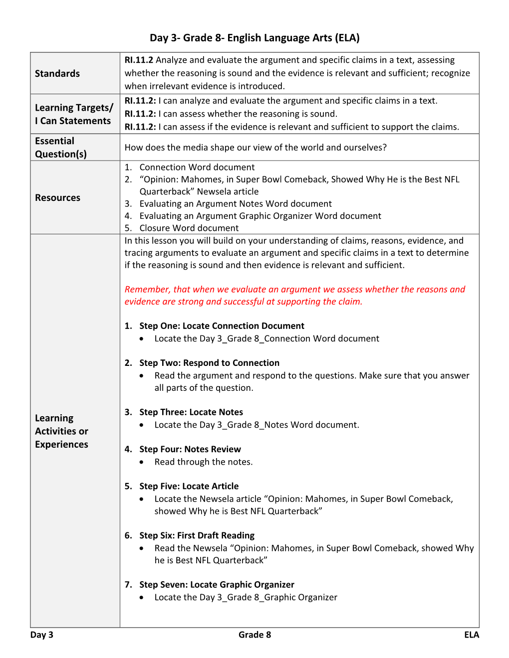Day 3- Grade 8- English Language Arts (ELA)