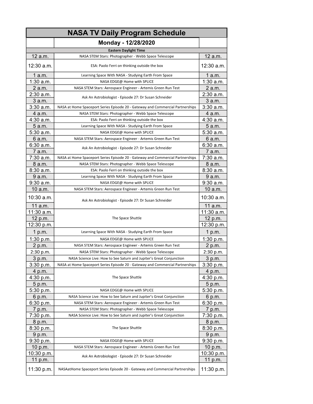 NASA TV Daily Program Schedule Monday - 12/28/2020 Eastern Daylight Time 12 A.M