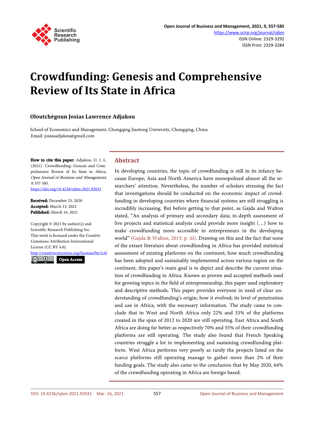 Crowdfunding: Genesis and Comprehensive Review of Its State in Africa