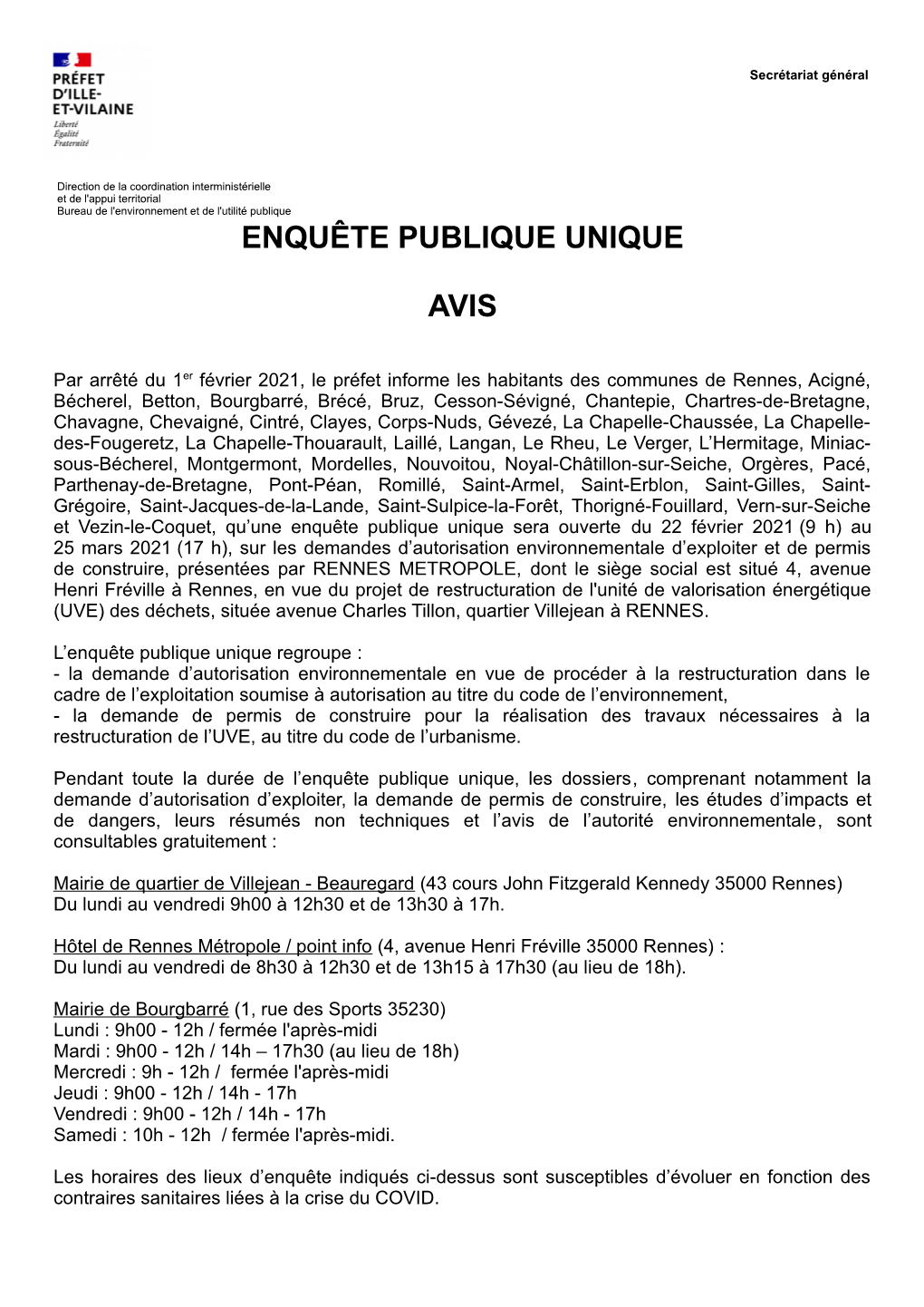 Enquête Publique Unique Avis