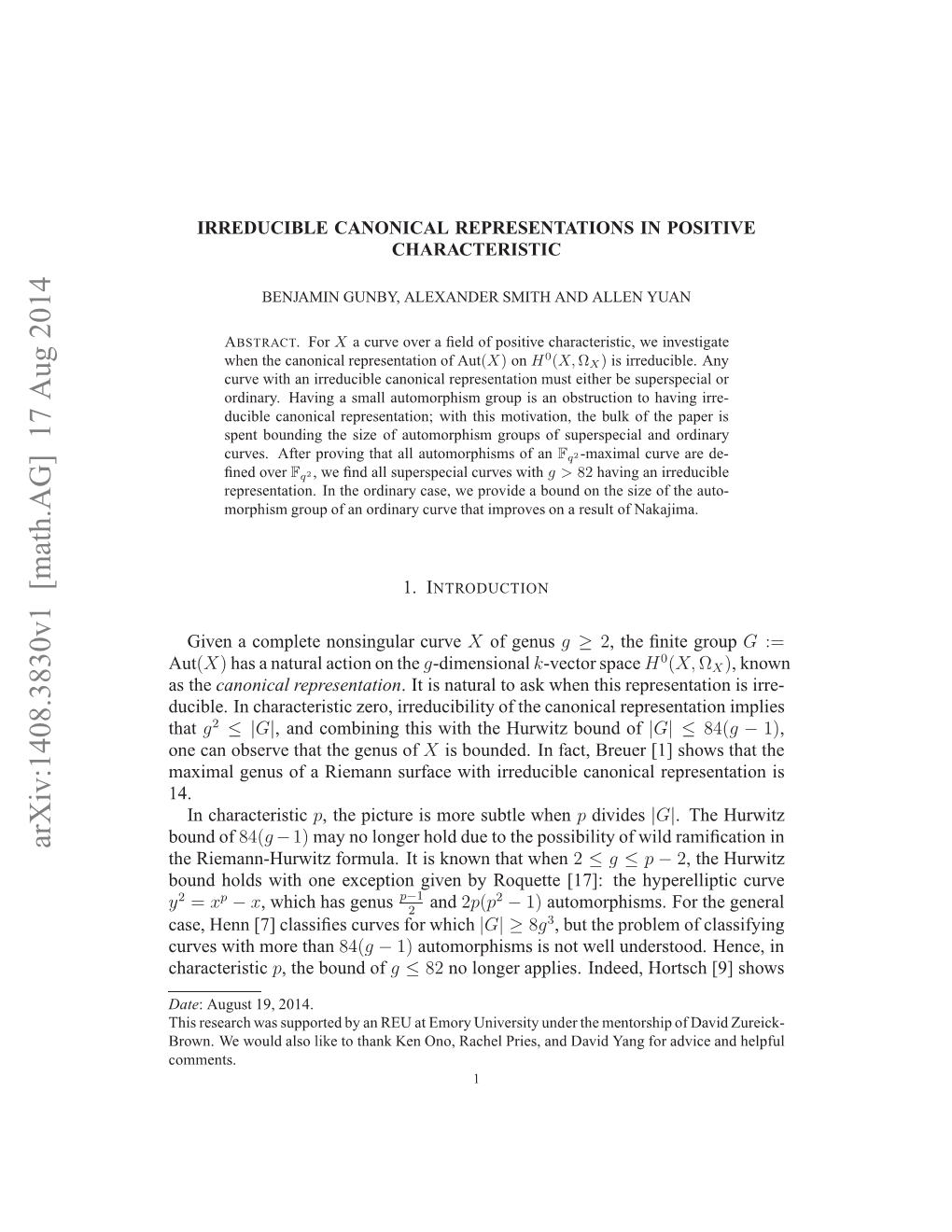 Irreducible Canonical Representations in Positive Characteristic 3