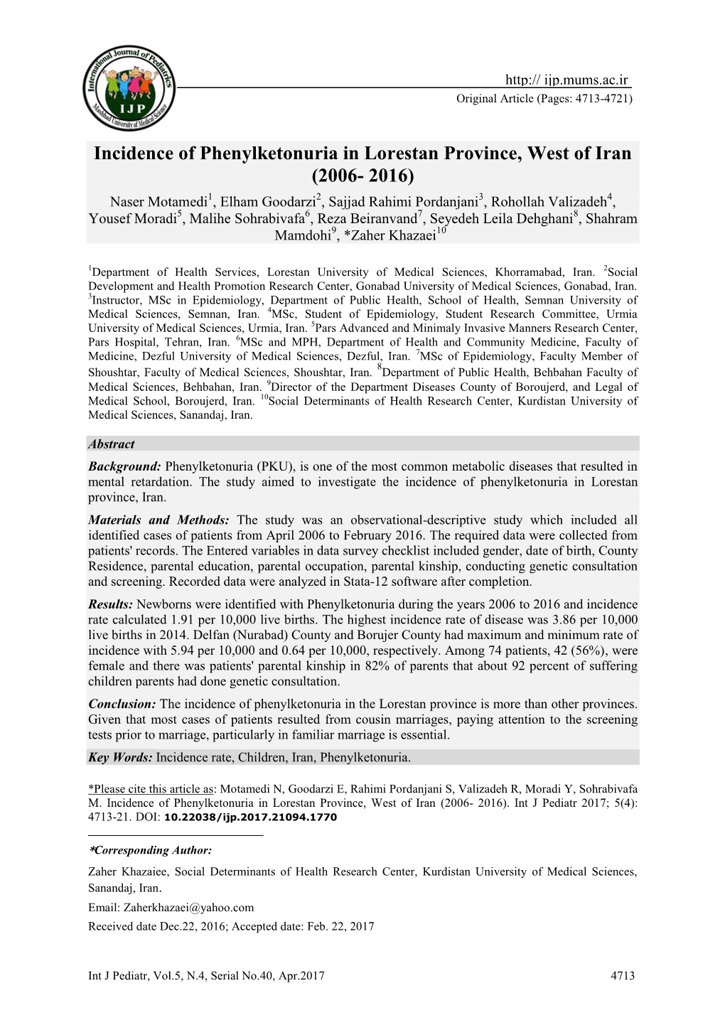 Incidence of Phenylketonuria in Lorestan Province, West of Iran