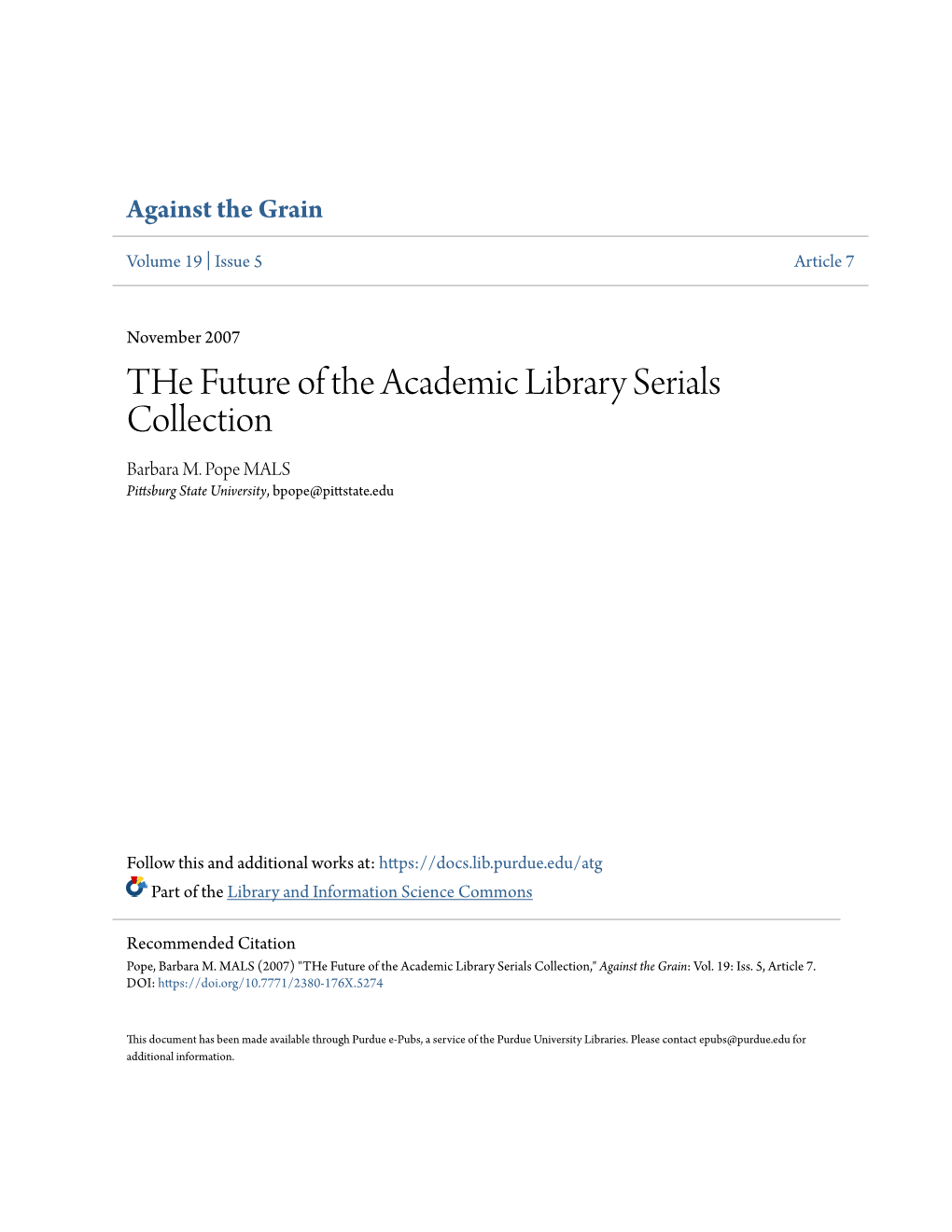The Future of the Academic Library Serials Collection Barbara M