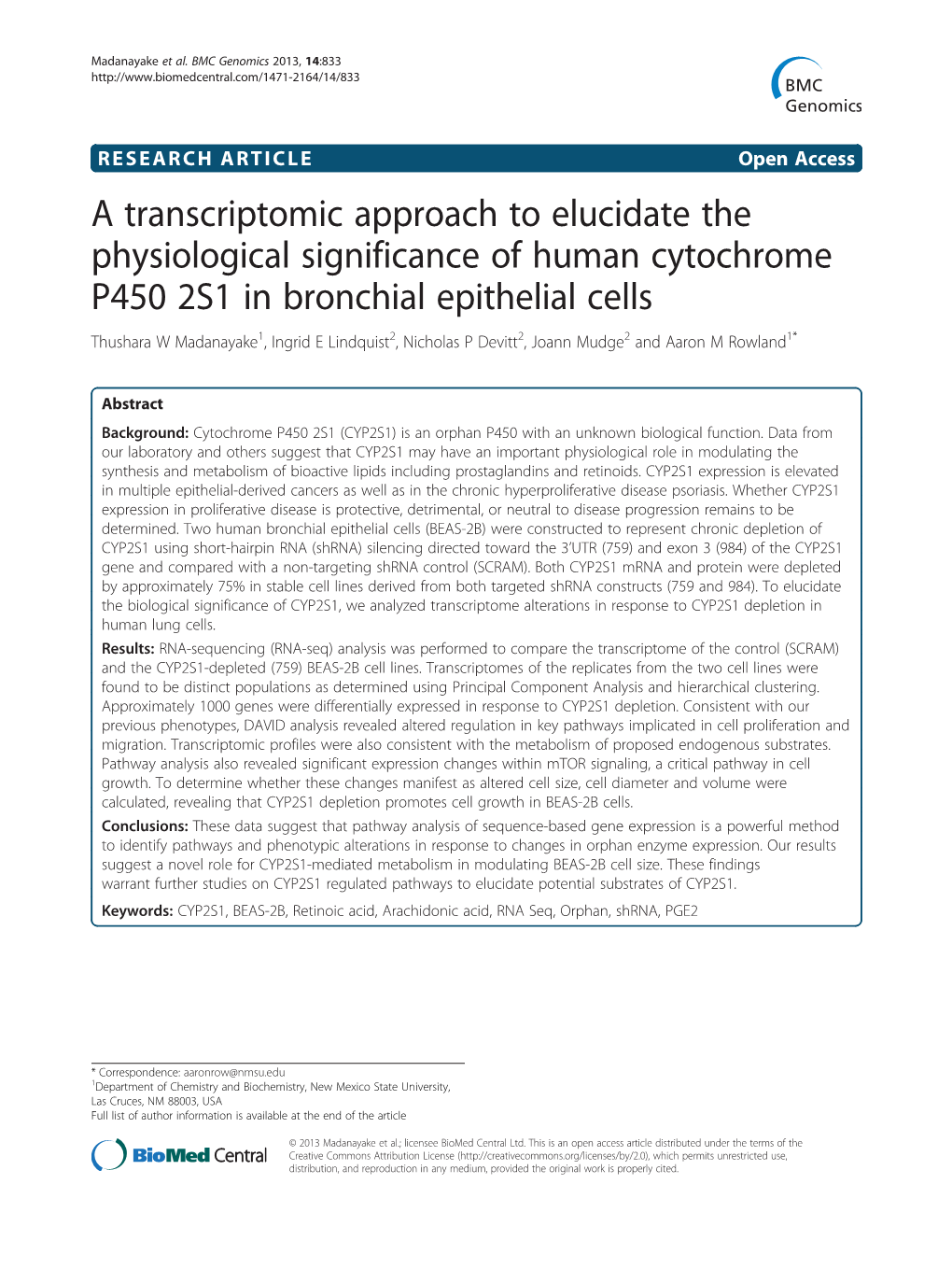 A Transcriptomic Approach to Elucidate the Physiological Significance Of