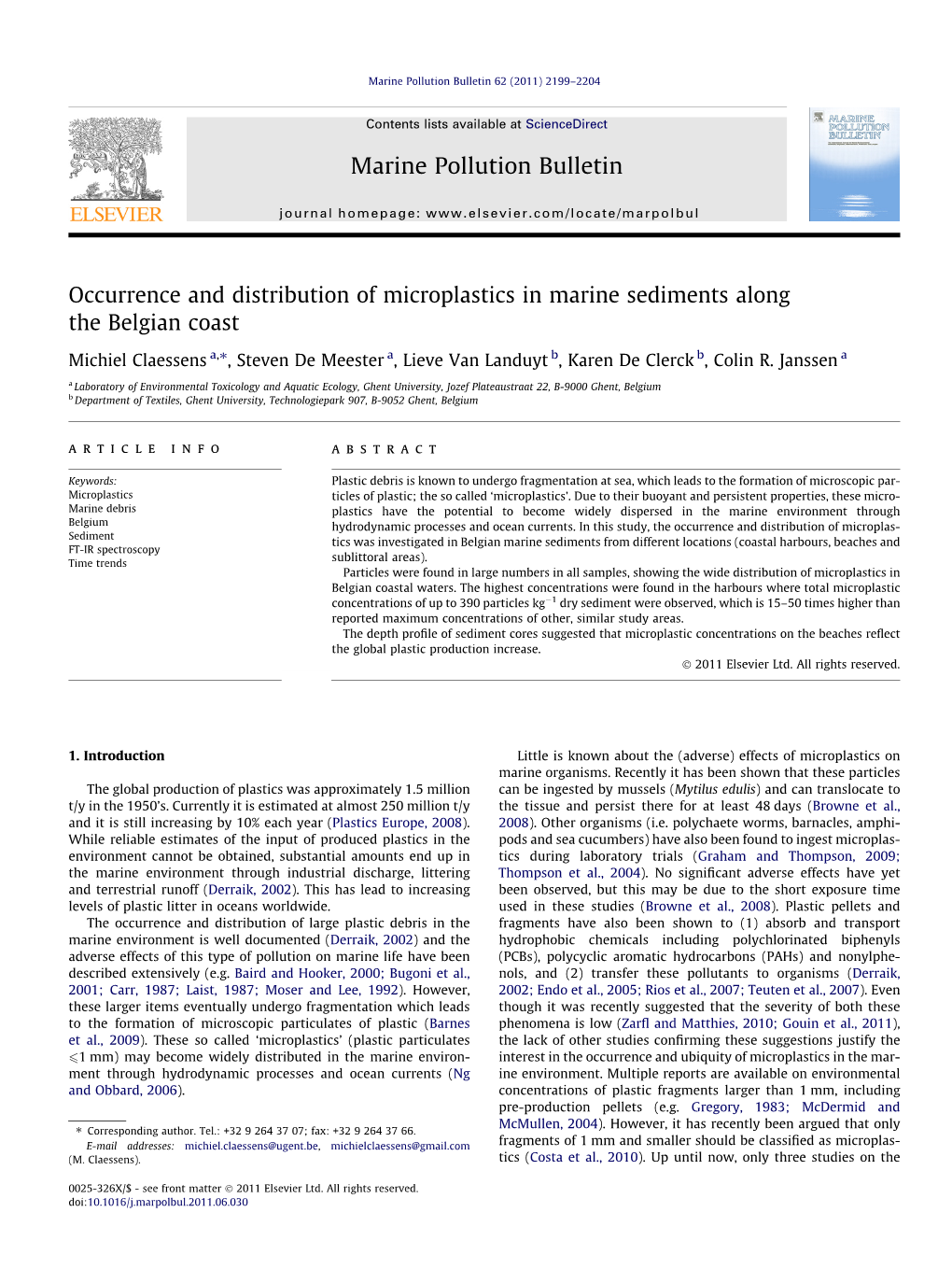 Occurence and Distribution of Microplastics on the Belgian Coast