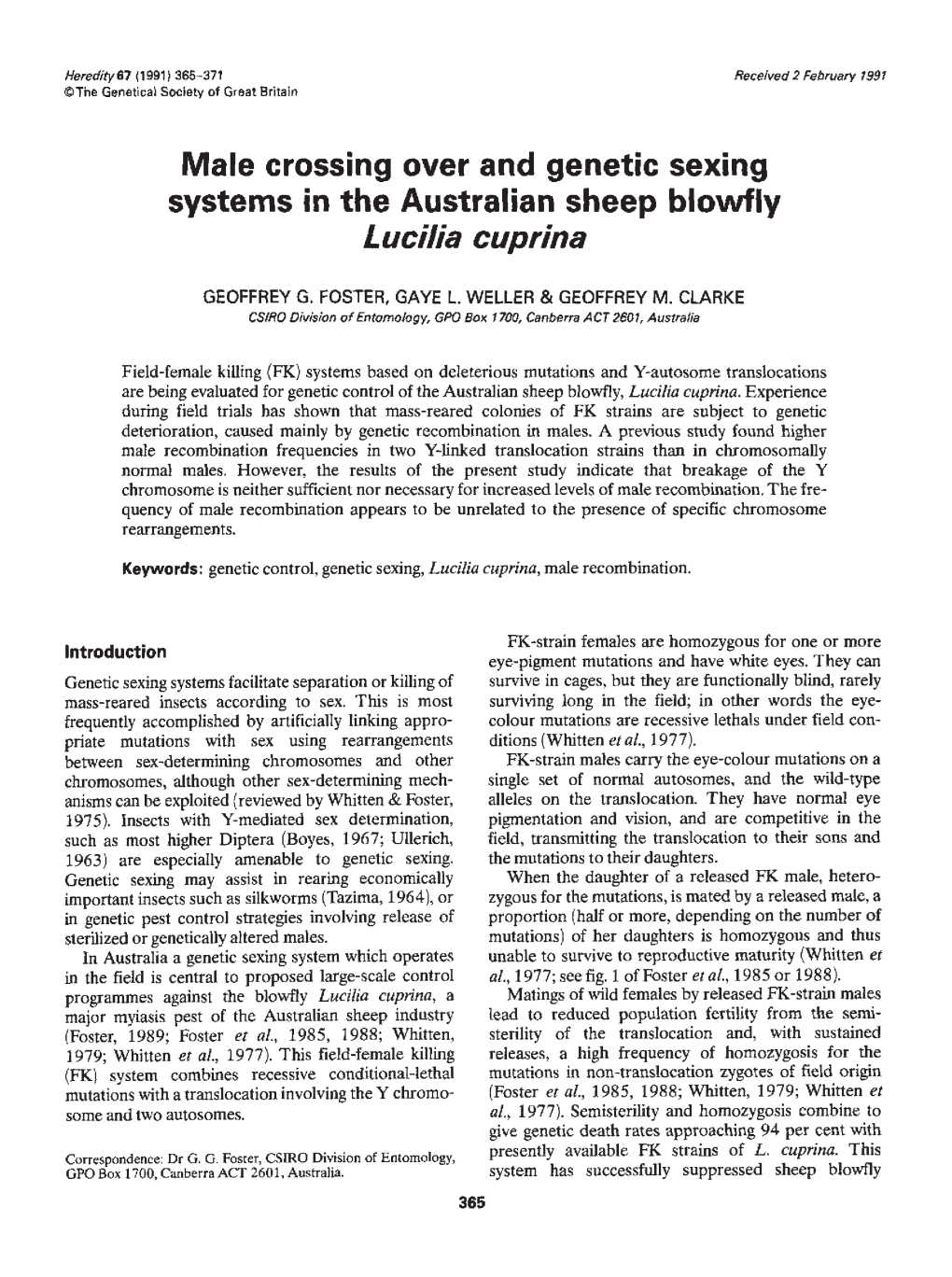 Systems in the Australian Sheep Blowfly Lucilia Cuprina