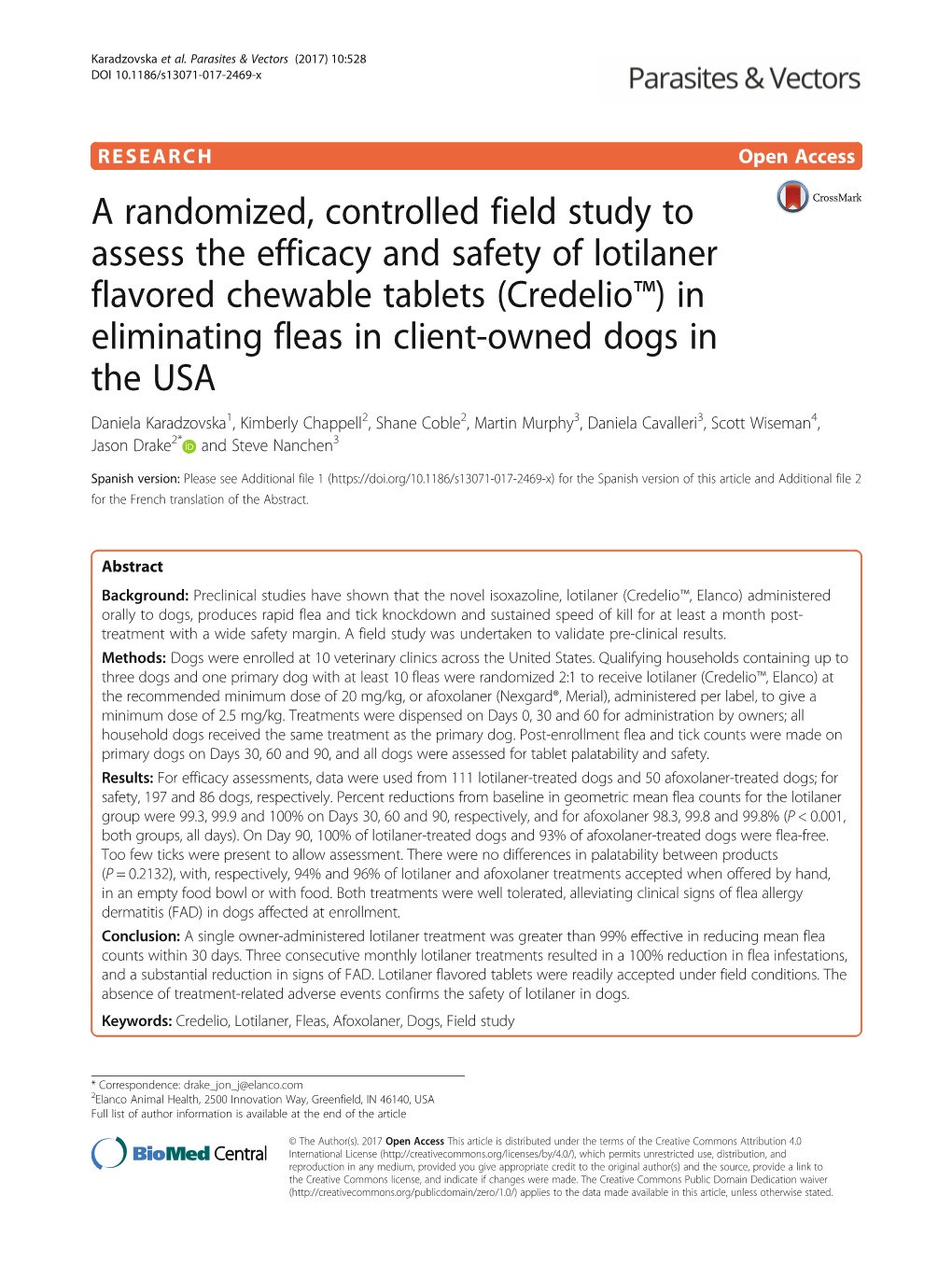 A Randomized, Controlled Field Study to Assess the Efficacy and Safety Of