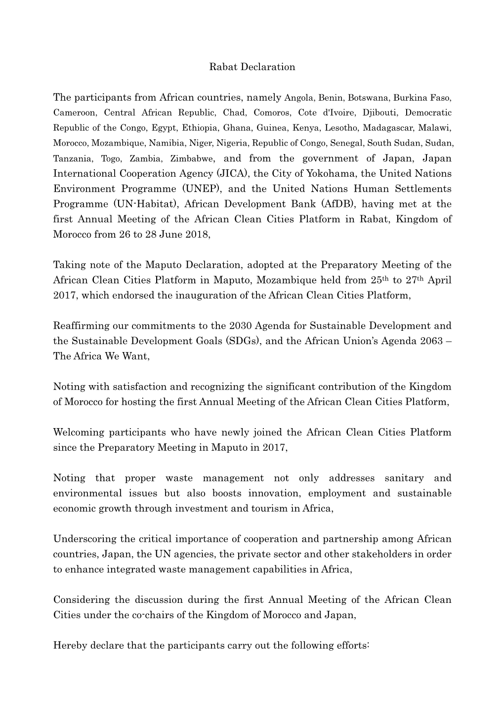 Rabat Declaration the Participants from African Countries, Namely Angola, Benin, Botswana, Burkina Faso