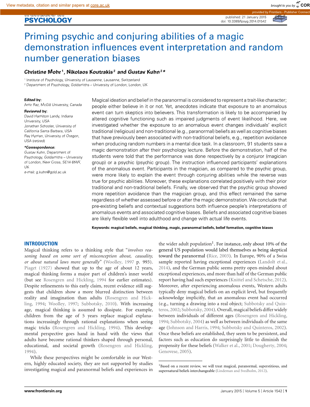 Priming Psychic and Conjuring Abilities of a Magic Demonstration Inﬂuences Event Interpretation and Random Number Generation Biases