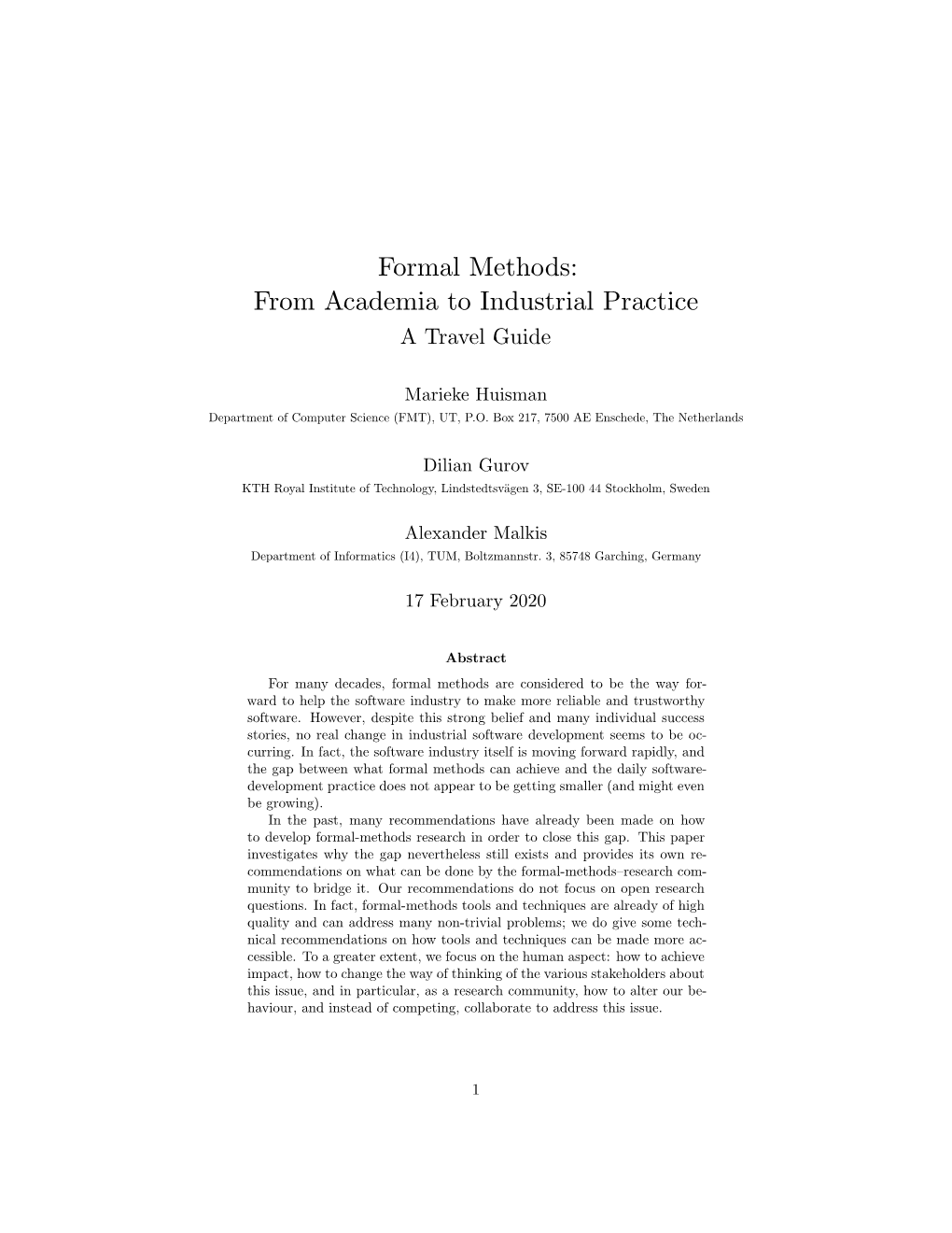 Formal Methods: from Academia to Industrial Practice a Travel Guide