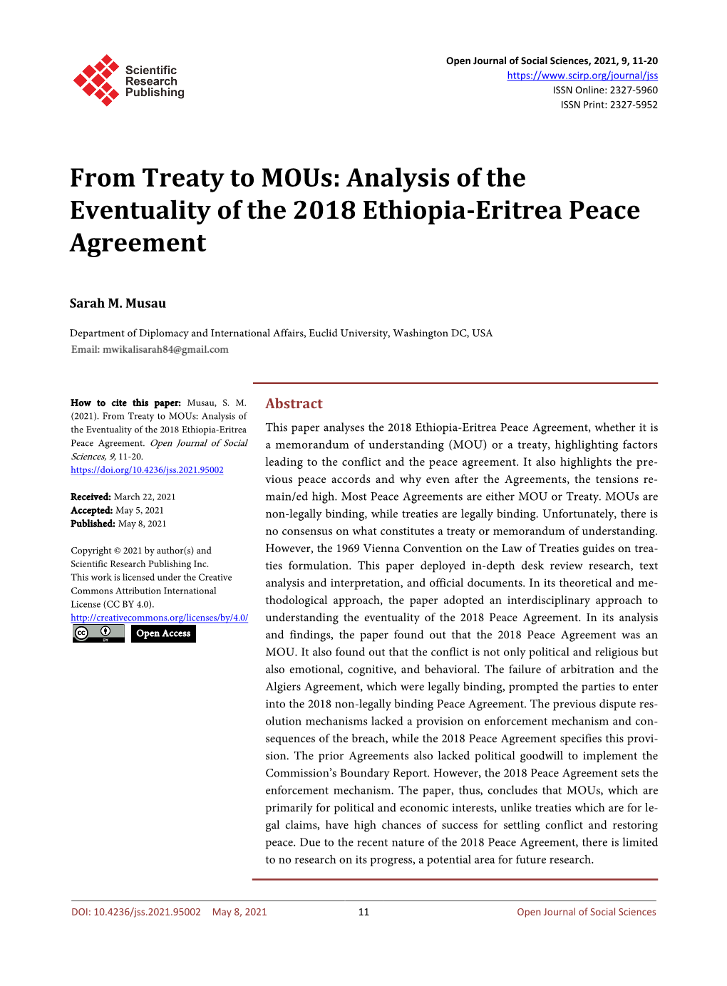 Analysis of the Eventuality of the 2018 Ethiopia-Eritrea Peace Agreement