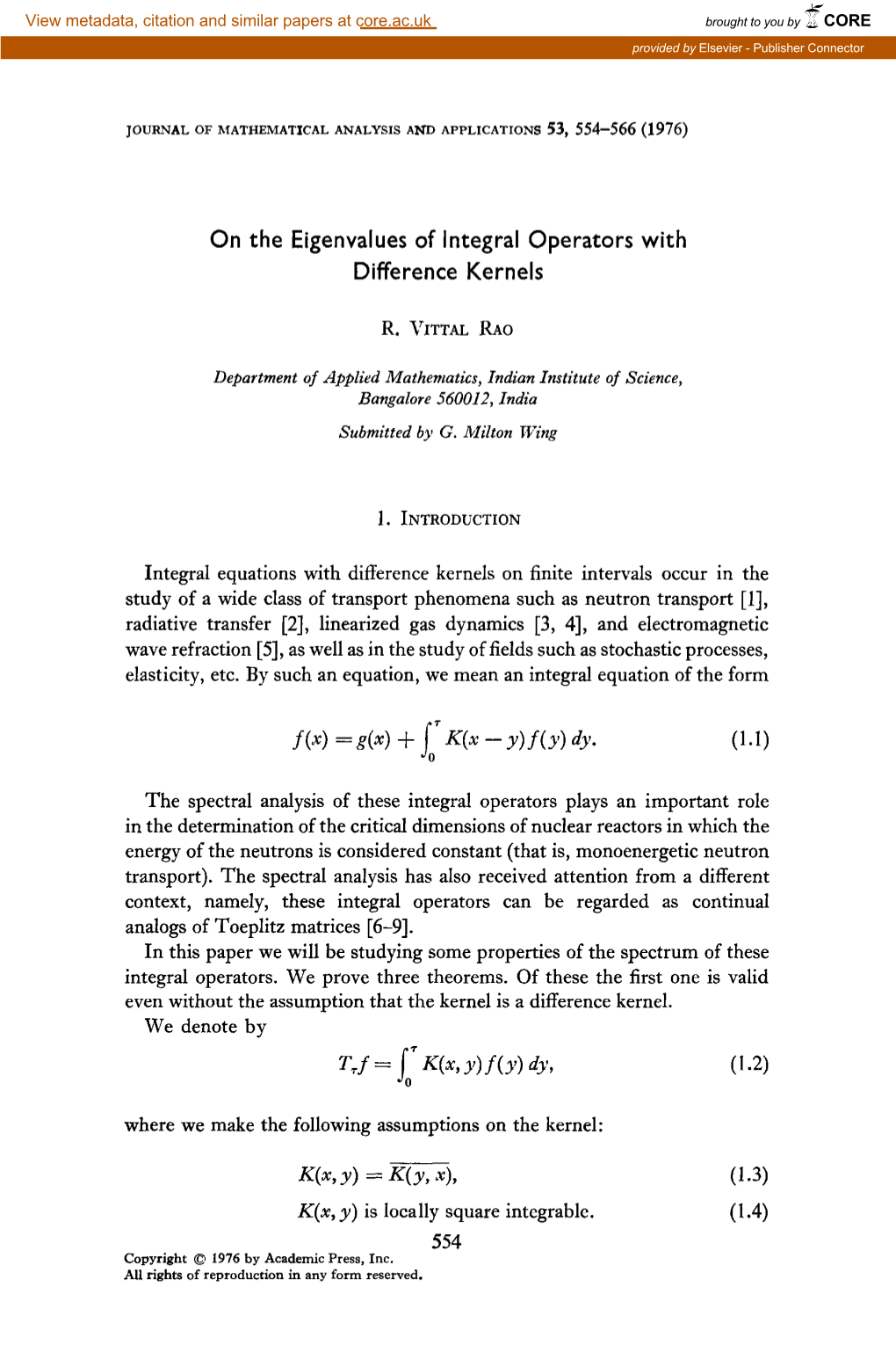 On the Eigenvalues of Integral Operators with Difference Kernels