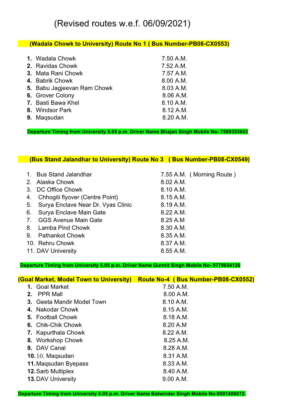 Revised Routes W.E.F. 06/09/2021