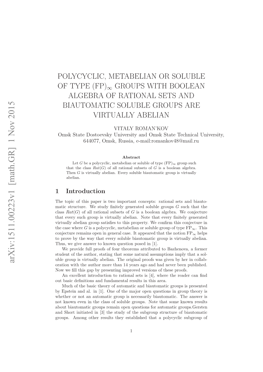 Polycyclic, Metabelian Or Soluble of Type (FP) $ {\Infty} $ Groups With