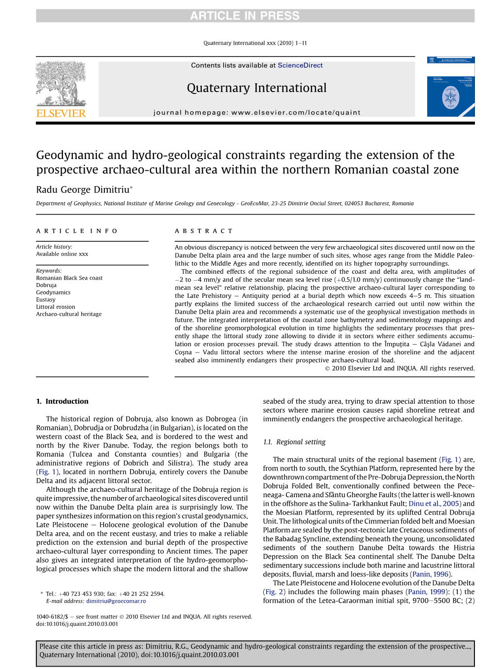 Geodynamic and Hydro-Geological Constraints Regarding the Extension of the Prospective Archaeo-Cultural Area Within the Northern Romanian Coastal Zone