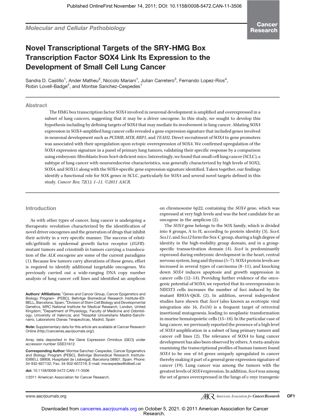 Novel Transcriptional Targets of the SRY-HMG Box Transcription Factor SOX4 Link Its Expression to the Development of Small Cell Lung Cancer