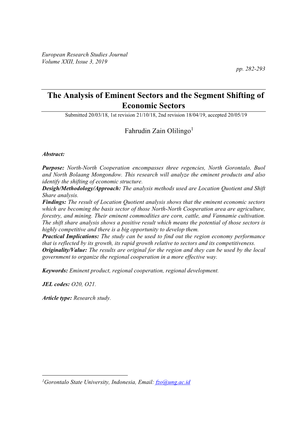 The Analysis of Eminent Sectors and the Segment Shifting of Economic Sectors Submitted 20/03/18, 1St Revision 21/10/18, 2Nd Revision 18/04/19, Accepted 20/05/19