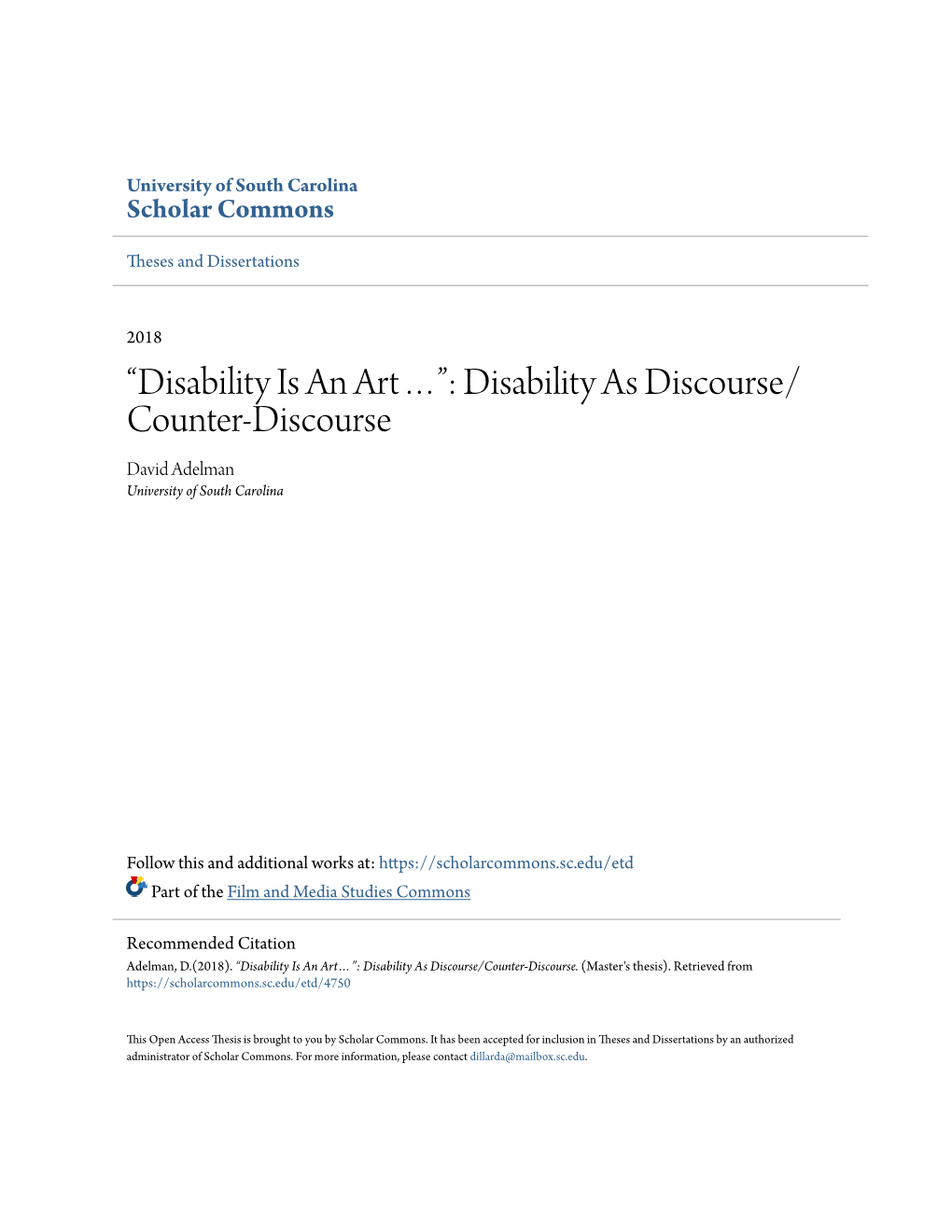 “Disability Is an Art…”: Disability As Discourse/Counter-Discourse