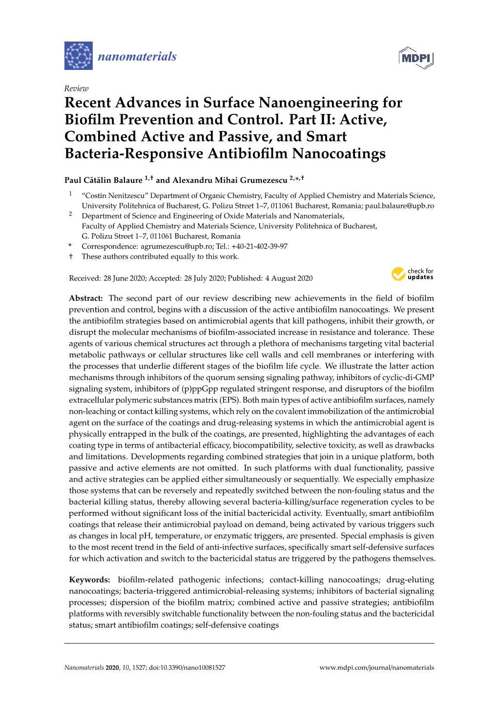 Recent Advances in Surface Nanoengineering for Biofilm