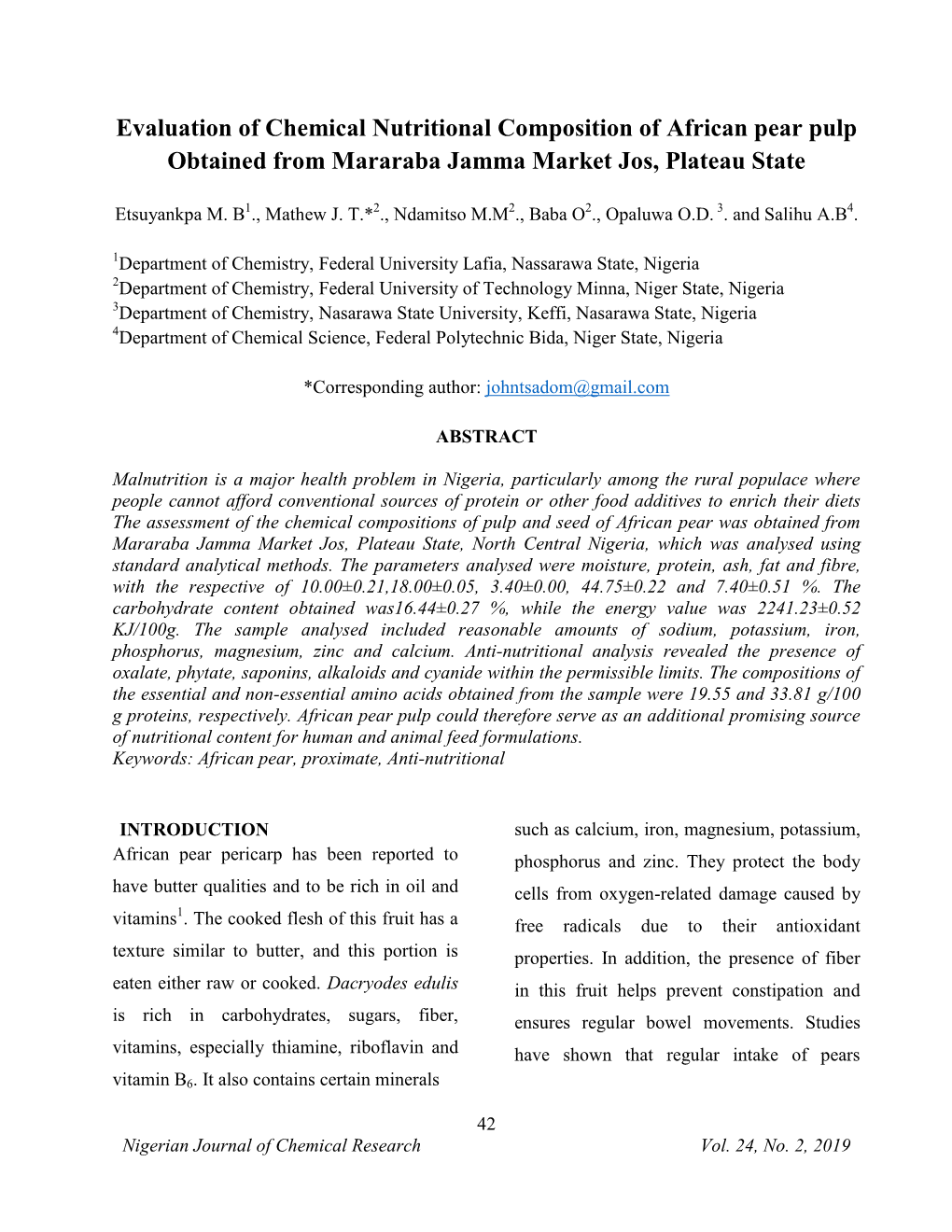 Evaluation of Chemical Nutritional Composition of African Pear Pulp Obtained from Mararaba Jamma Market Jos, Plateau State