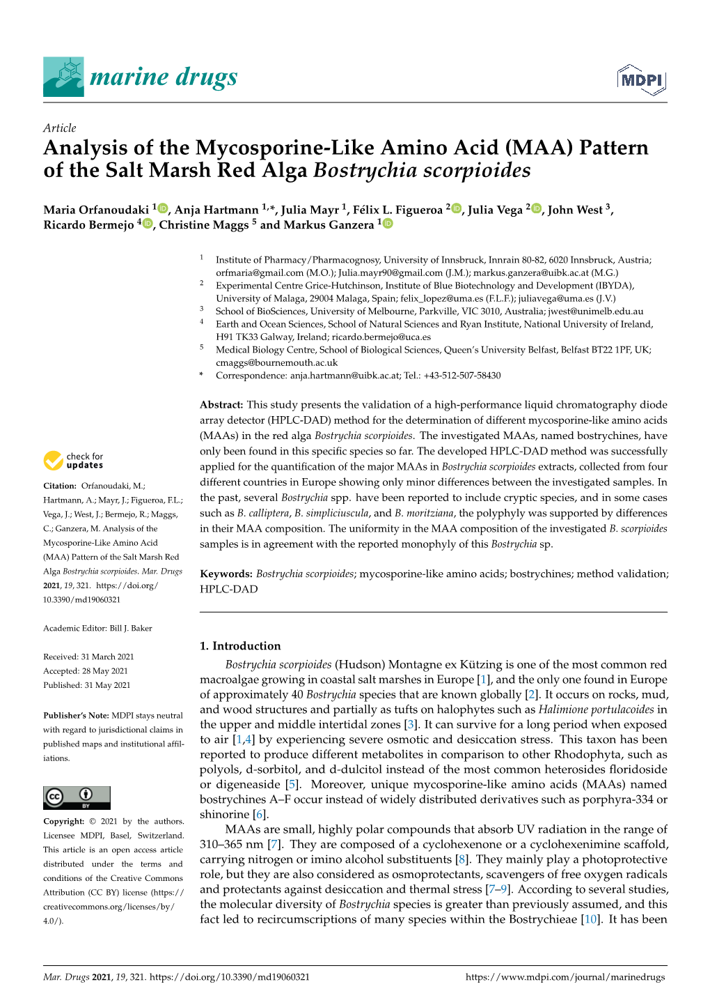 Analysis of the Mycosporine-Like Amino Acid (MAA) Pattern of the Salt Marsh Red Alga Bostrychia Scorpioides