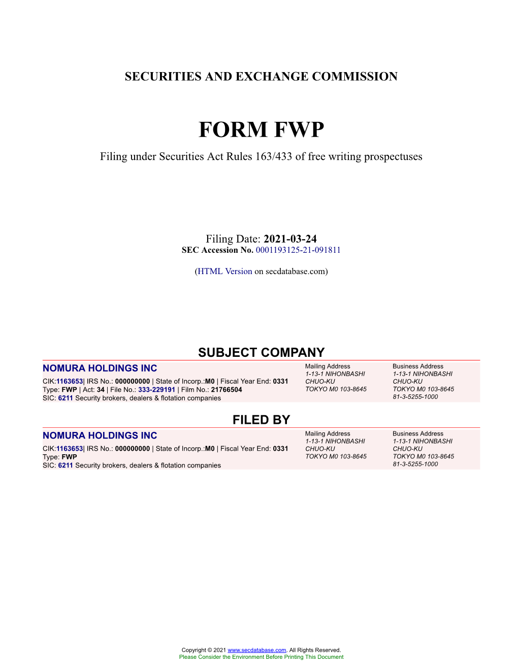 NOMURA HOLDINGS INC Form FWP Filed 2021-03-24