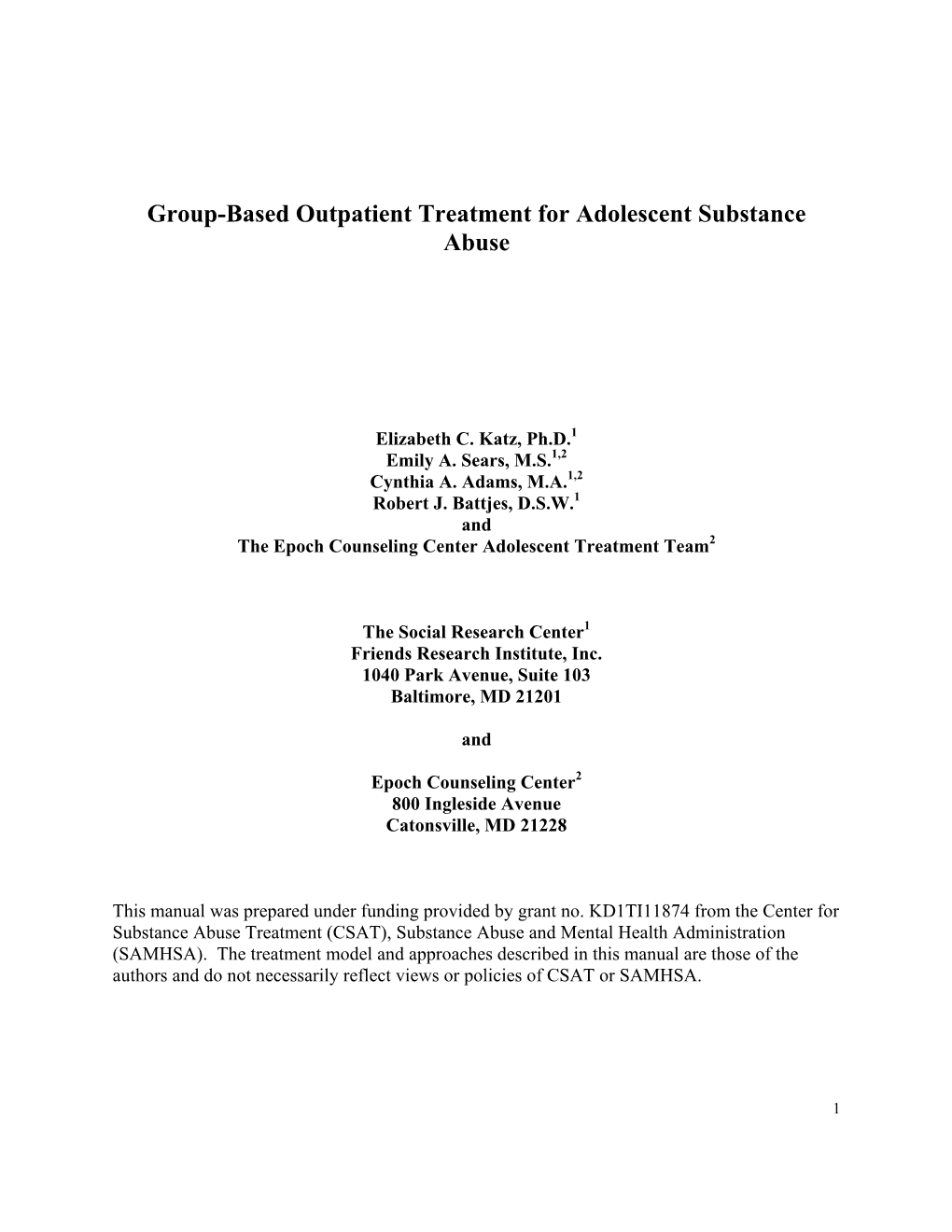 Group-Based Outpatient Treatment for Adolescent Substance Abuse