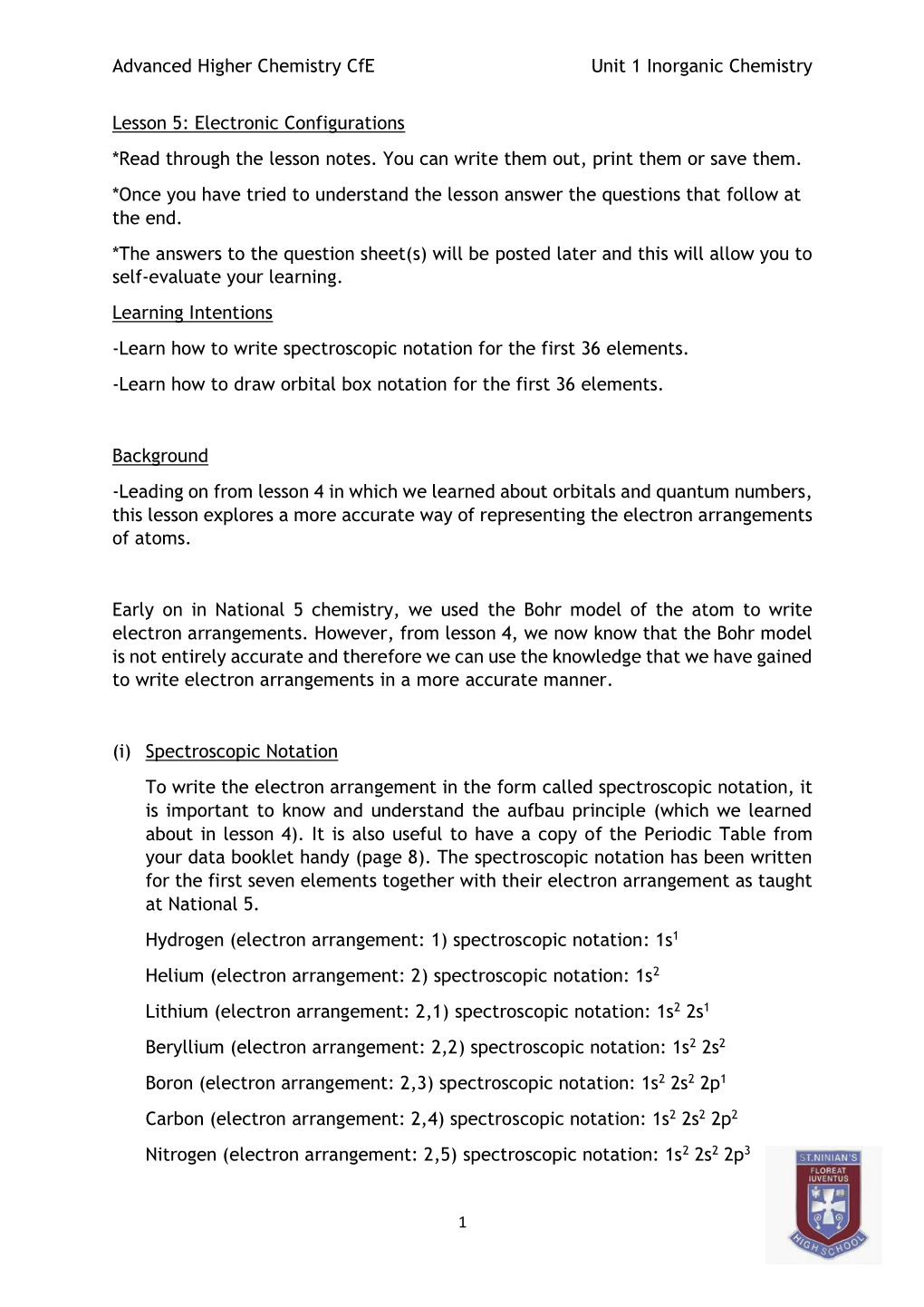 Electronic Configurations *Read Through the Lesson Notes