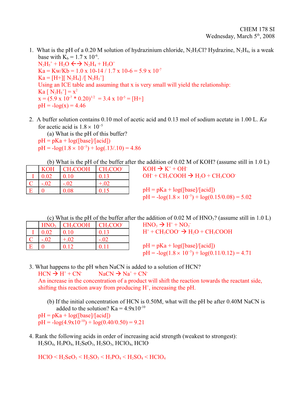 1. What Is the Ph of a 0.20 M Solution of Hydrazinium Chloride, N2h5cl? Hydrazine, N2H4